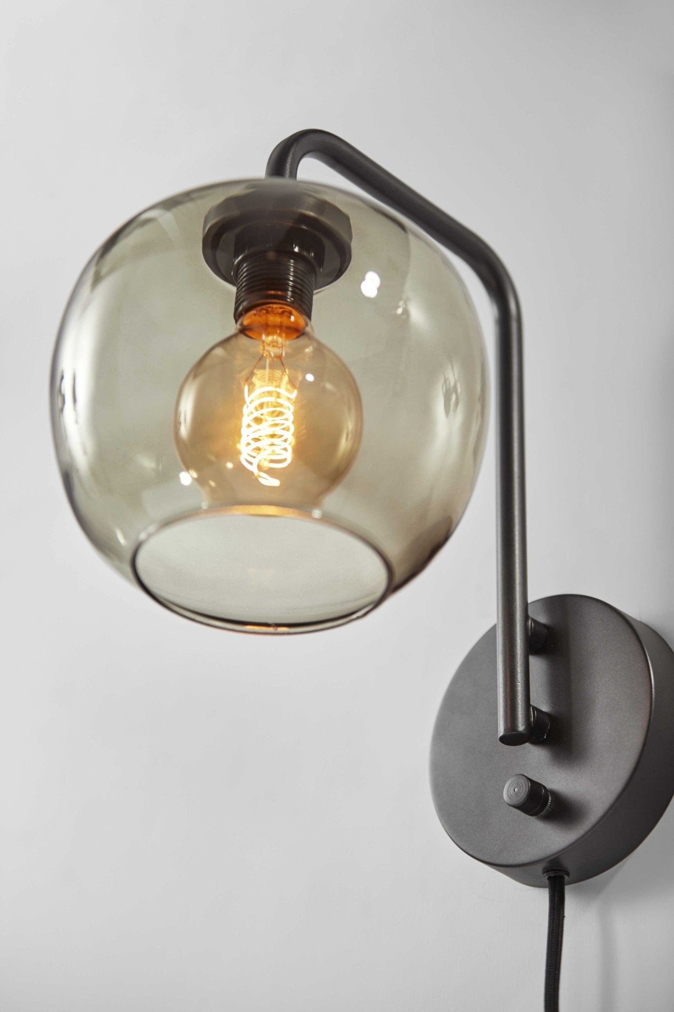 Smoked Glass Globe Shade With Vintage Edison Bulb And Matte Black Metal Wall Lamp - Tuesday Morning-Wall Lighting