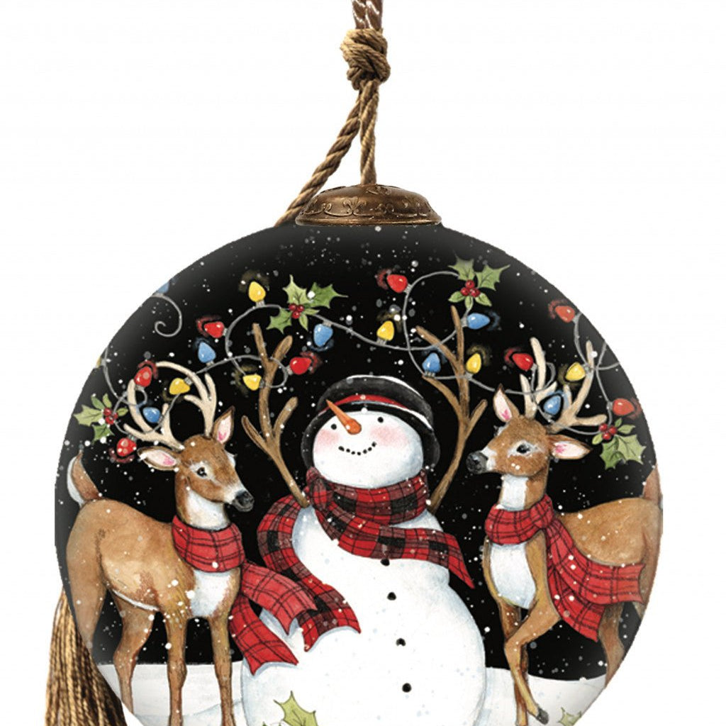 Snowman and Reindeer in Holiday Lights Hand Painted Mouth Blown Glass Ornament - Tuesday Morning-Christmas Ornaments
