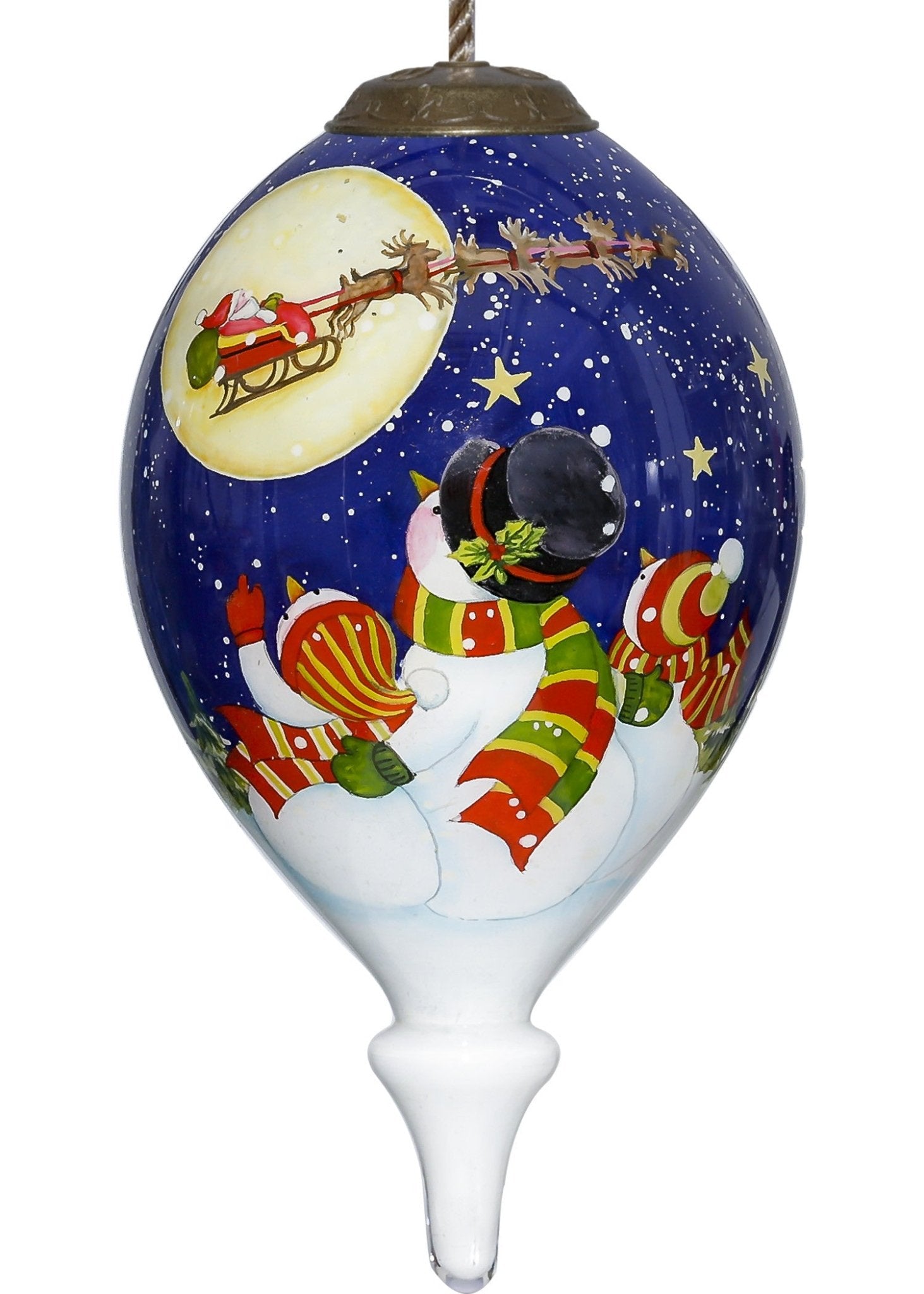 Snowmen-Family-Watching-Santa-on-a-Sleigh-Hand-Painted-Mouth-Blown-Glass-Ornament-Christmas-Ornaments