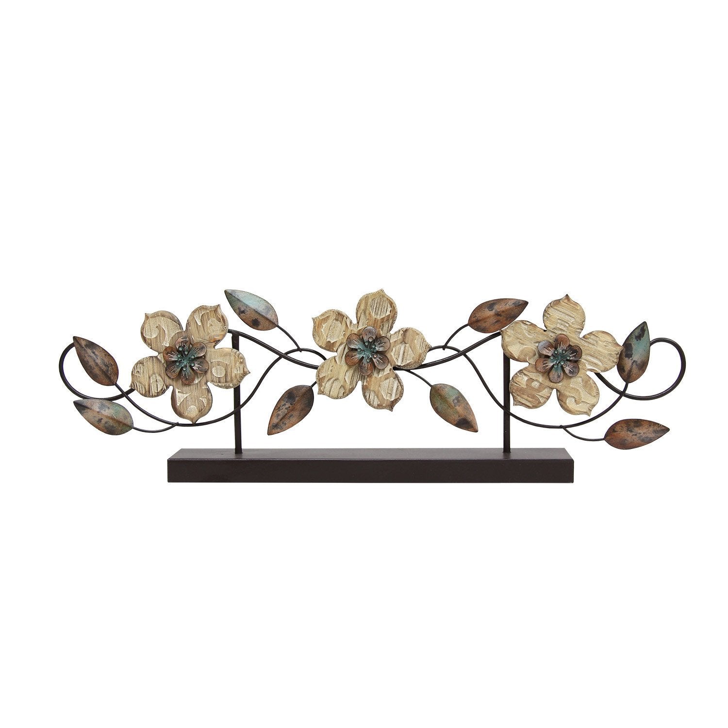 Stamped-Wood-And-Metal-Flower-Table-Top-Sculptures-&-Statues