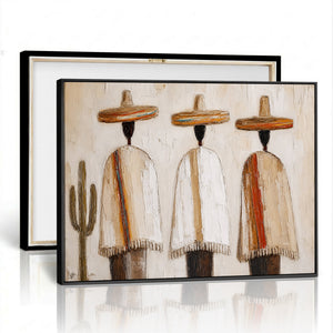 Mexican Wall Art Canvas Print, Southwestern Sombrero Poncho Painting, Neutral Earthy Boho Decor, Fiesta Living Room Art, Impasto Style Print