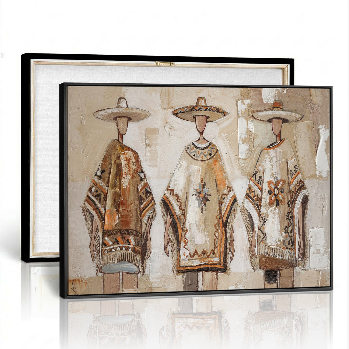 Mexican Folk Art Canvas Wall Art, Charro Poncho Sombrero Painting Print, Neutral Beige Boho Decor, Southwestern Impasto Style, Living Room Art