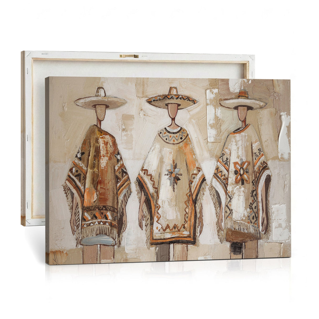 Mexican Folk Art Canvas Wall Art, Charro Poncho Sombrero Painting Print, Neutral Beige Boho Decor, Southwestern Impasto Style, Living Room Art