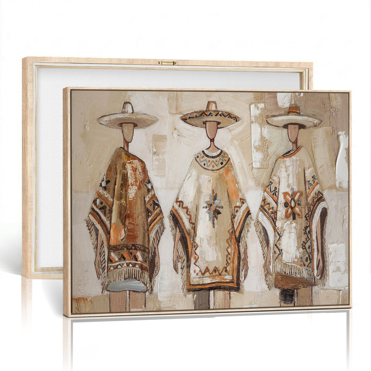 Mexican Folk Art Canvas Wall Art, Charro Poncho Sombrero Painting Print, Neutral Beige Boho Decor, Southwestern Impasto Style, Living Room Art