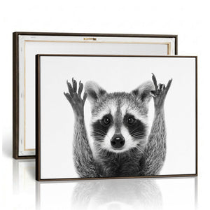 Funny Raccoon Canvas Wall Art, Black White Hands Up Animal Photo Print, Humorous Wildlife Decor, Kids Room Nursery Art, Quirky Animal Gift