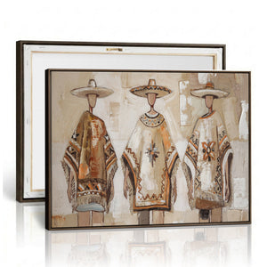 Mexican Folk Art Canvas Wall Art, Charro Poncho Sombrero Painting Print, Neutral Beige Boho Decor, Southwestern Impasto Style, Living Room Art
