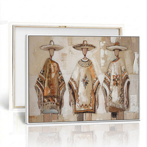 Mexican Folk Art Canvas Wall Art, Charro Poncho Sombrero Painting Print, Neutral Beige Boho Decor, Southwestern Impasto Style, Living Room Art