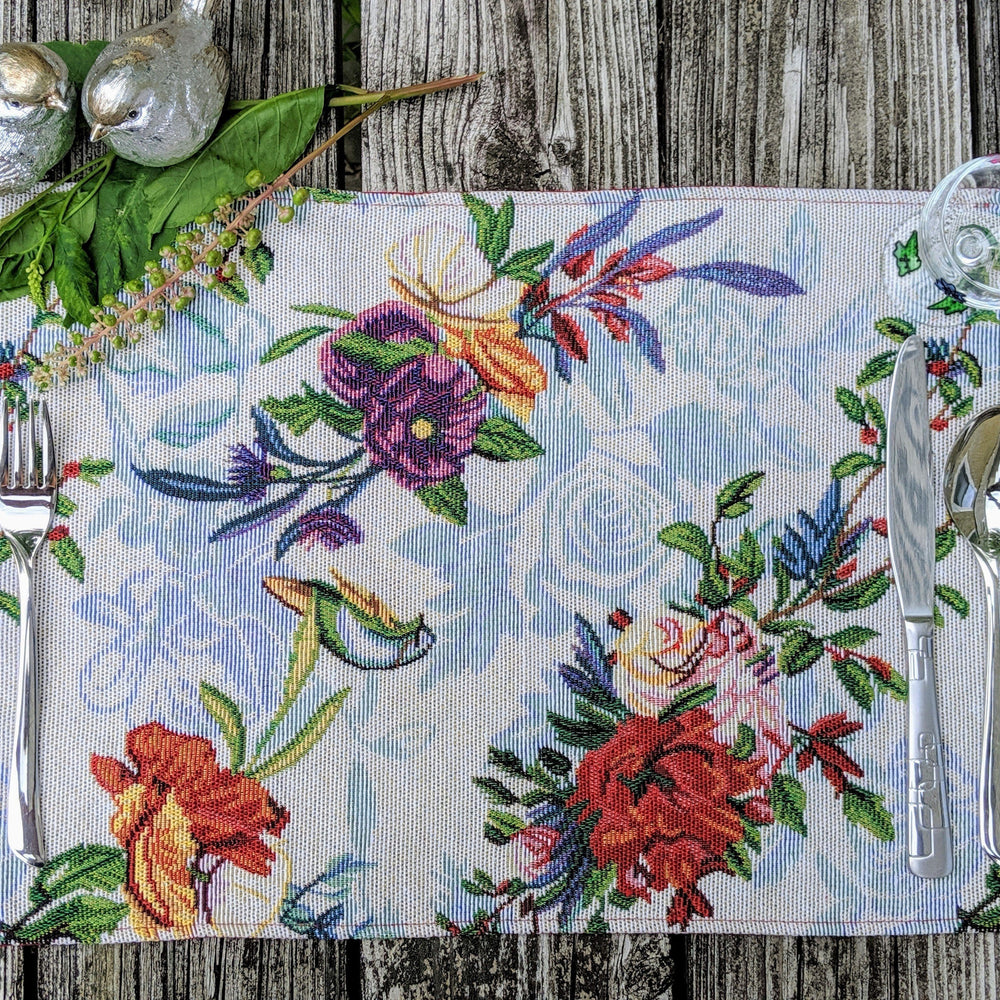 DaDa Bedding Set of 4-Pieces Tropical Sky Blue Birds Floral Tapestry Dining Table Placemats 13” x 19” (18116)