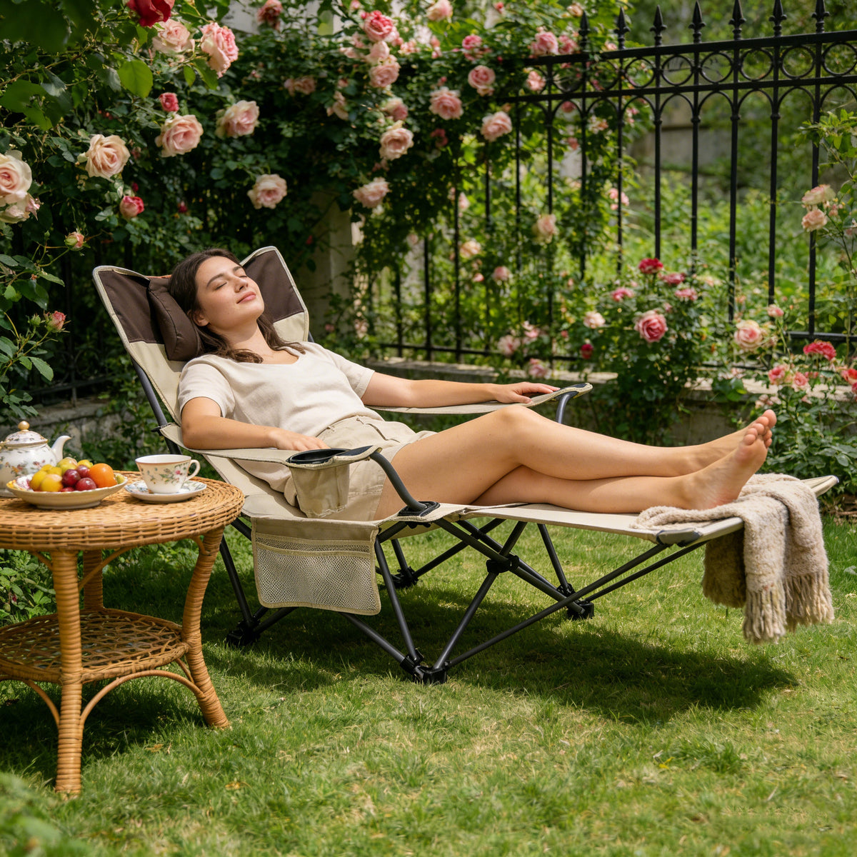 Beige Outdoor Folding Camping Chair with Adjustable Recline and Cup Holder