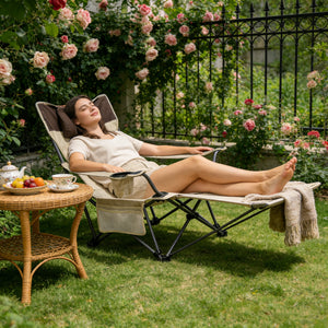 Beige Outdoor Folding Camping Chair with Adjustable Recline and Cup Holder