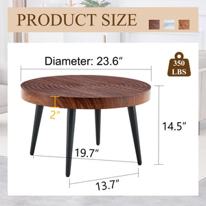 Modern Round Coffee Table - Walnut Pattern MDF And Black Metal Legs