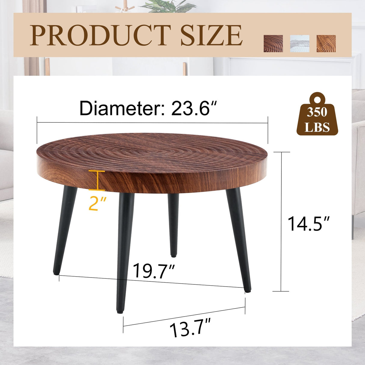 Modern Round Coffee Table - Walnut Pattern MDF And Black Metal Legs