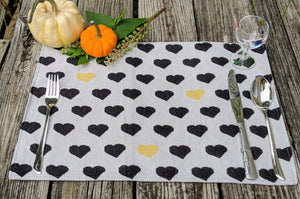 DaDa Bedding Set of 4-Pieces Valentine's day Yellow & Black Hearts Tapestry Dining Table Placemats 13” x 19” (18113)
