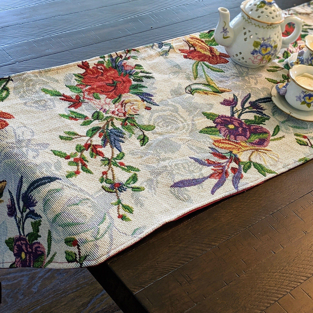 DaDa Bedding Floral Roses Tropical Paradise Birds Woven Tapestry Dining Table Runner (18116)