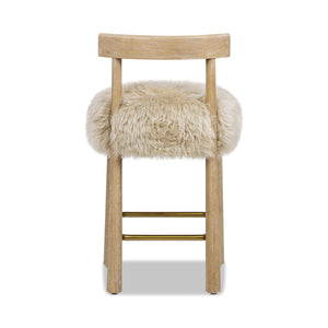 Genuine Fur Counter Height Bar Stool with Brass Footrest - Light Wood