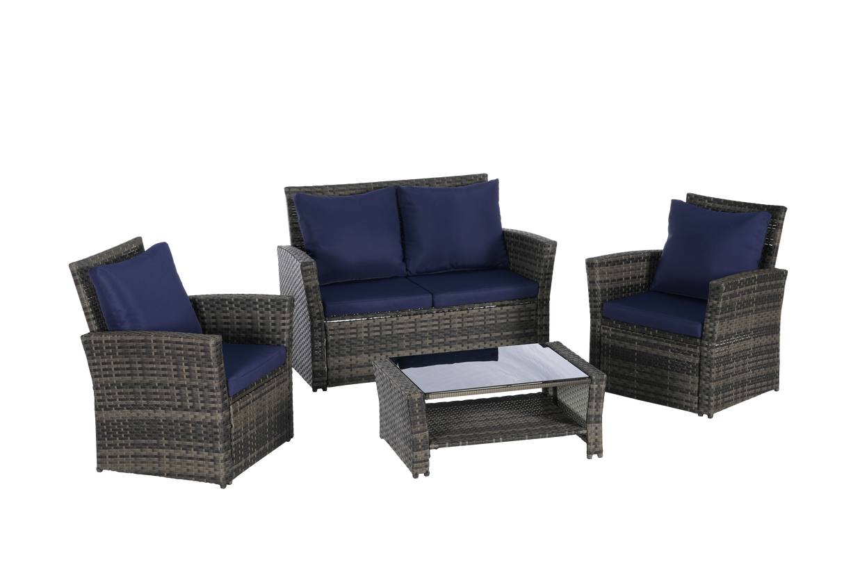 4 Pieces Outdoor Patio Furniture Set with Rattan Chairs and Tempered Glass Table