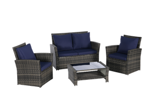 4 Pieces Outdoor Patio Furniture Set with Rattan Chairs and Tempered Glass Table