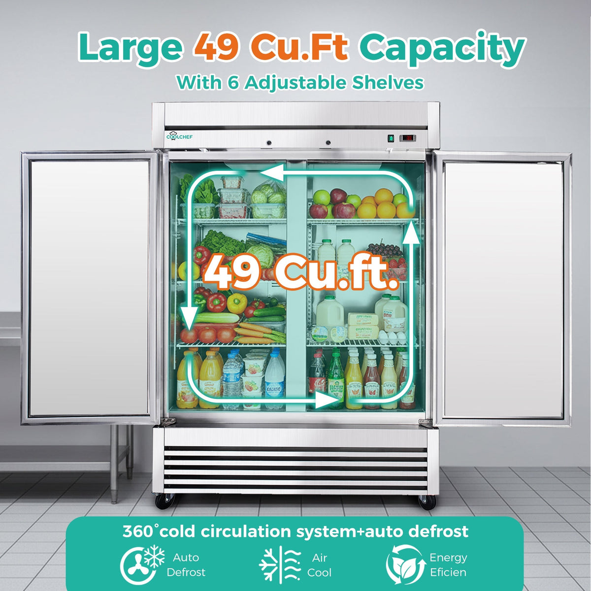 54" Commercial Refrigerator with 49 Cu.Ft Capacity - Stainless Steel, Silver