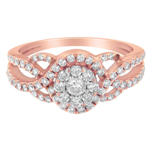 10K Rose Gold 3/4 Cttw Diamond Floral Cluster Head and Twisted Shank Cocktail  Ring (H-I Color, SI1-SI2 Clarity)- Size 7