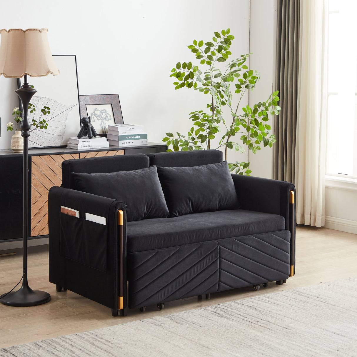 Conway Convertible Velvet Loveseat Sleeper with Arm Storage and Adjustable Back