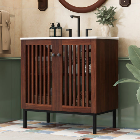 30" Antique Dark Brown Bathroom Vanity with Slatted Doors & Ceramic Sink by christopher knight home