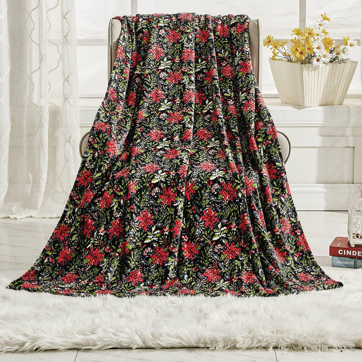 Poinsettia Oversized Jacquard Luxe Plush Holiday Throw Blanket (50" x 70")