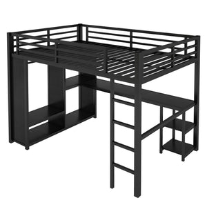 Full Size Loft Bed Frame with Built-in Wardrobe, Metal Loft Bed with Desk and Storage Shelves