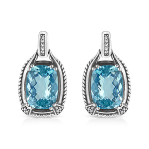 .925 Sterling Silver 14x10MM Cushion Cut Blue Topaz Gemstone and Diamond Accent Dangle Earring (I-J Color, I1-I2 Clarity)
