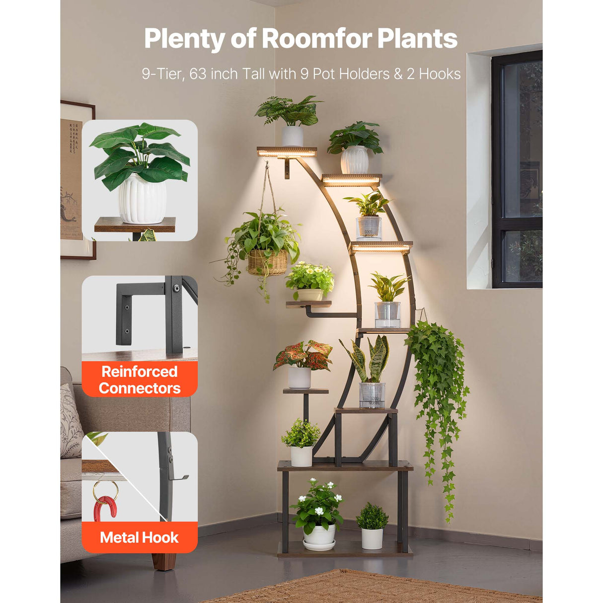 63 in Tall Indoor Plant Stand with Grow Lights
