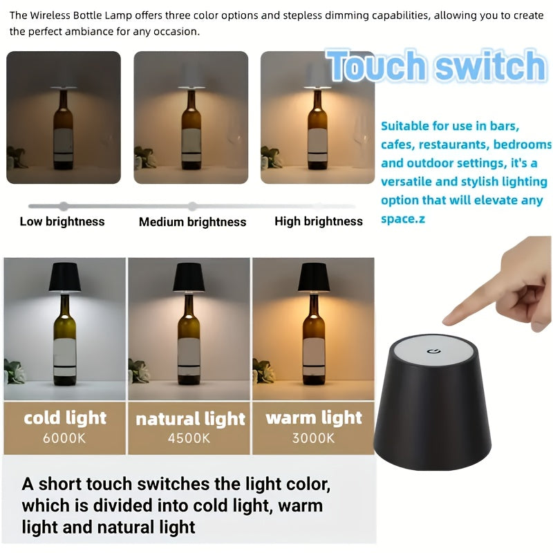 Wireless Bottle Lamp – Rechargeable 3-Color Dimmable Touch LED Light for Bars