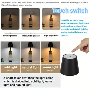 Wireless Bottle Lamp – Rechargeable 3-Color Dimmable Touch LED Light for Bars