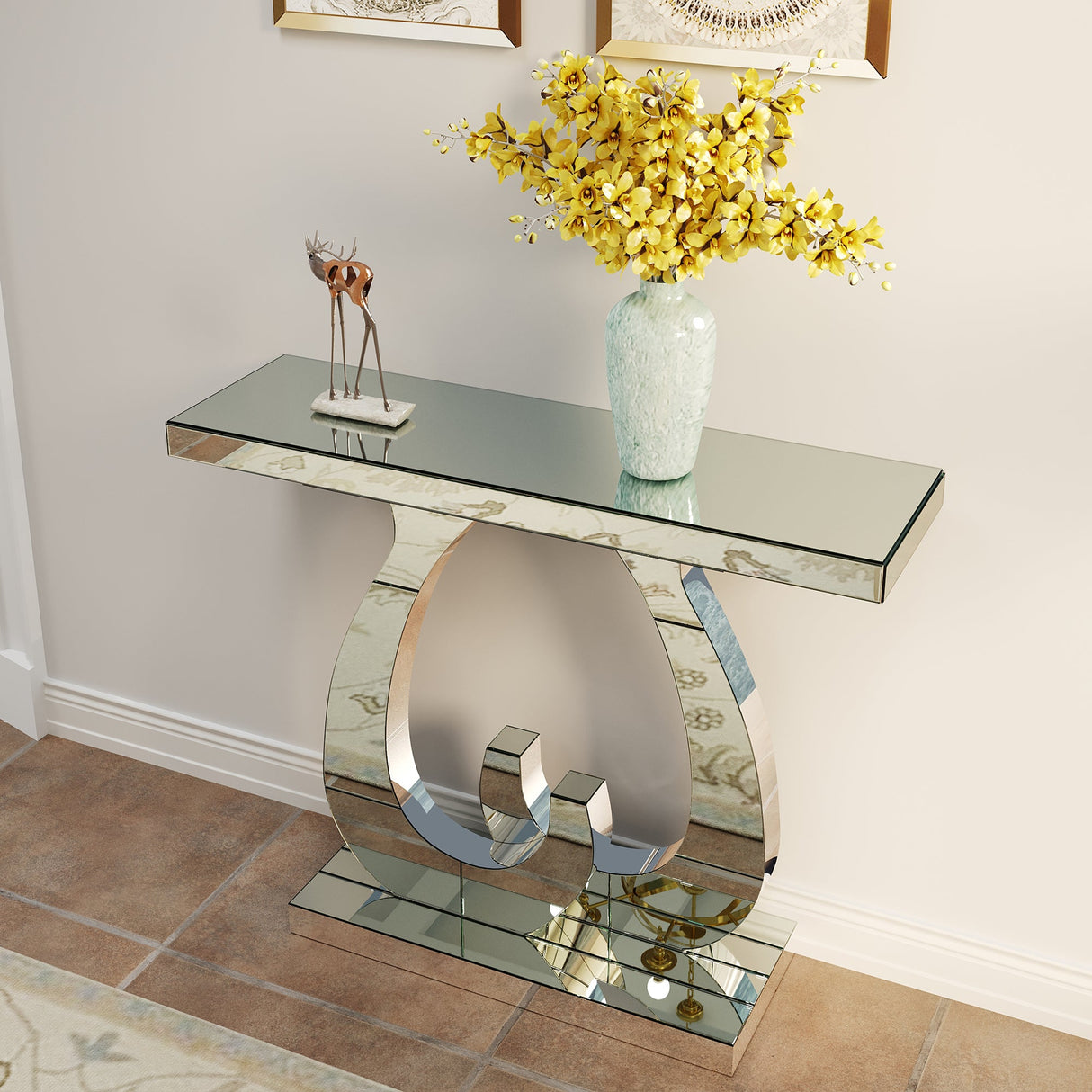 Modern Mirror Side Table with Double C-Shape Base