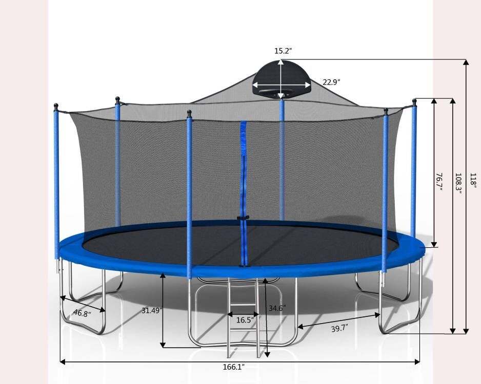 14Ft Trampoline with Safety Enclosure and Basketball Hoop - Blue