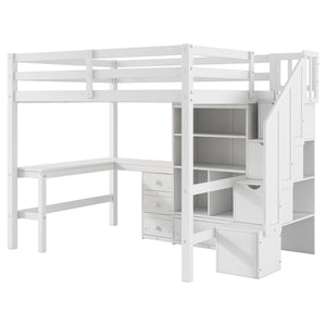 Loft Bed & L Shaped Desk, Drawers, Cabinet, And Storage Staircase