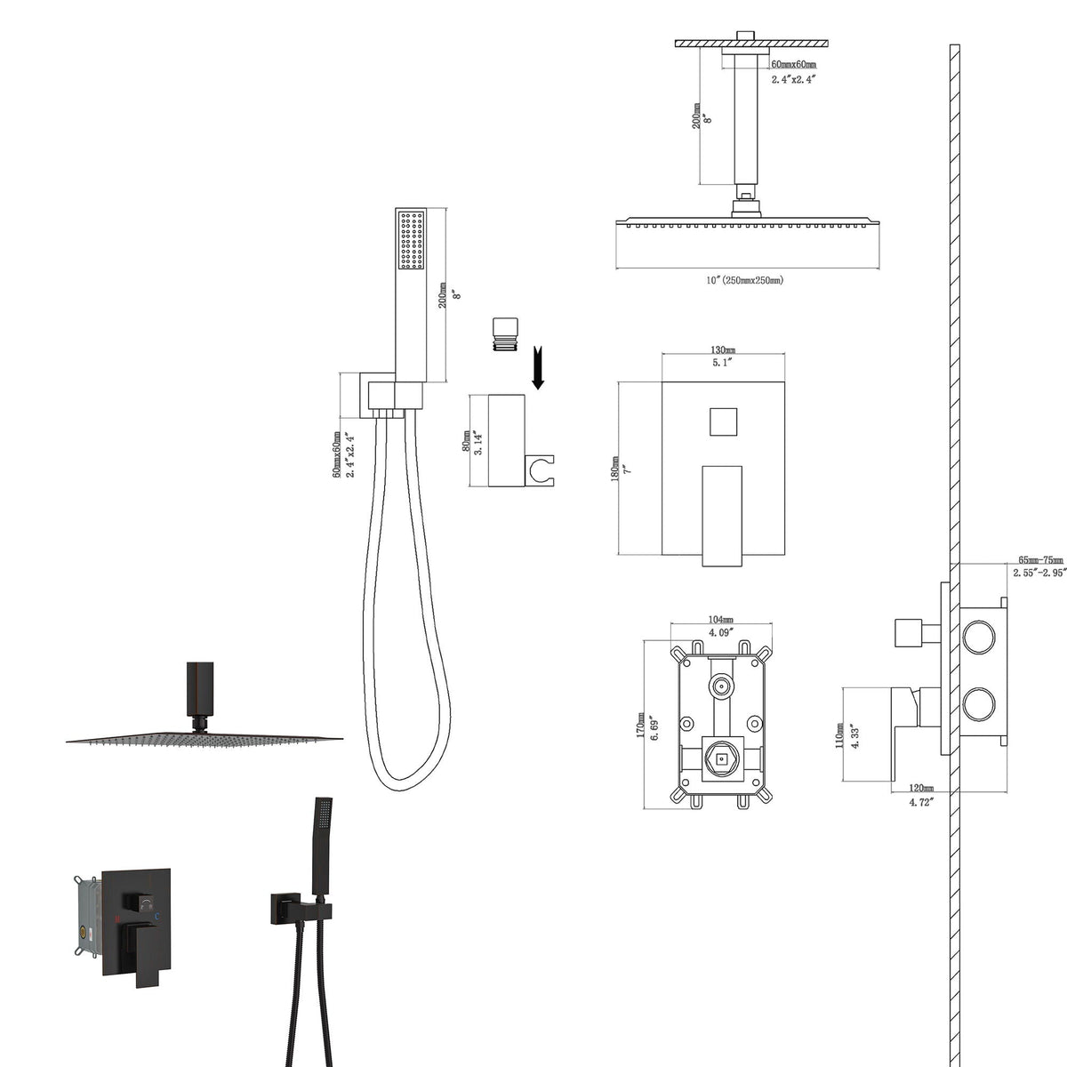 Dual Shower Head System with Ceiling Mount and Rough-In Valve - Pearl Silver, Black, or Gold