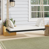 Patio Wooden Swing Chair, Hanging Porch Swing Bench, 10.8Ft Hemp Ropes, Black