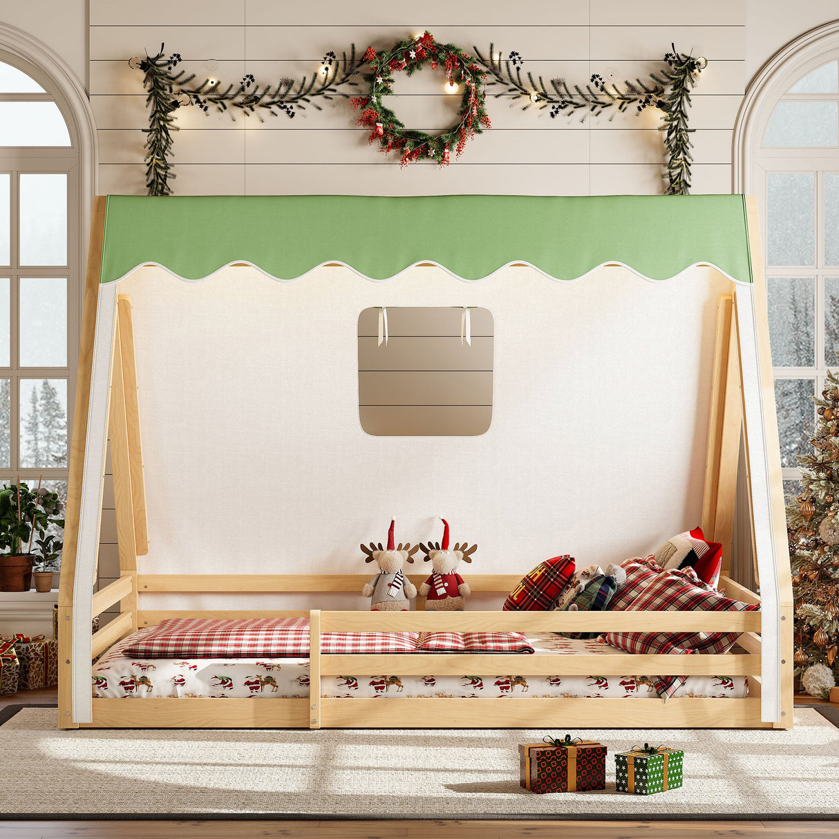 Full Size House Floor Bed with Tent and Light