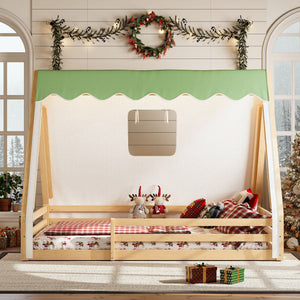 Full Size House Floor Bed with Tent and Light