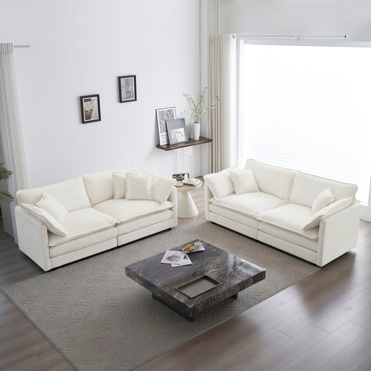 2-Piece White Chenille Sofa Set for Living Room