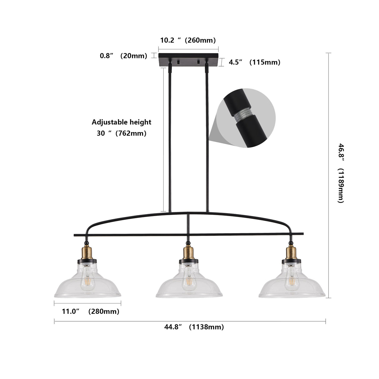 Industrial 3-Light Pendant Chandelier with Clear Glass Shades