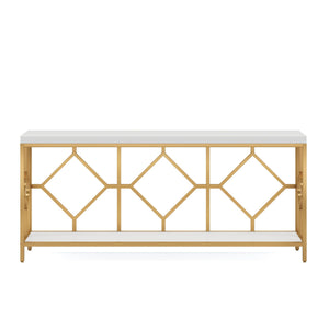 Extra Long Sofa Table With Diamond Pattern Frame, 2 Tier Open Storage For Living Room - White / Gold