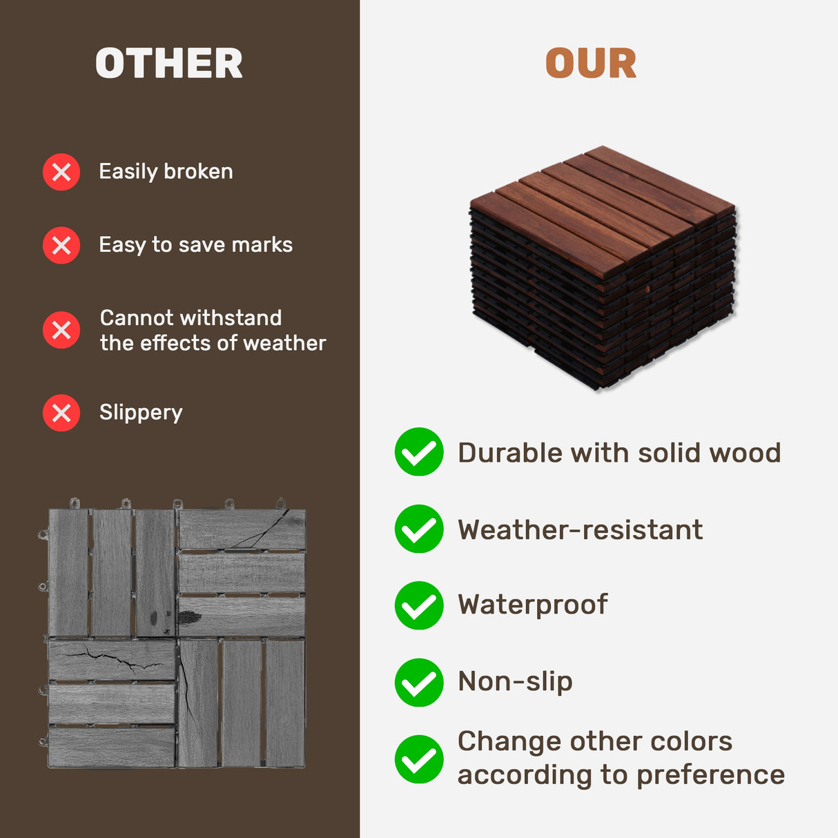 10 PCS Interlocking Acacia Hardwood Deck Tiles