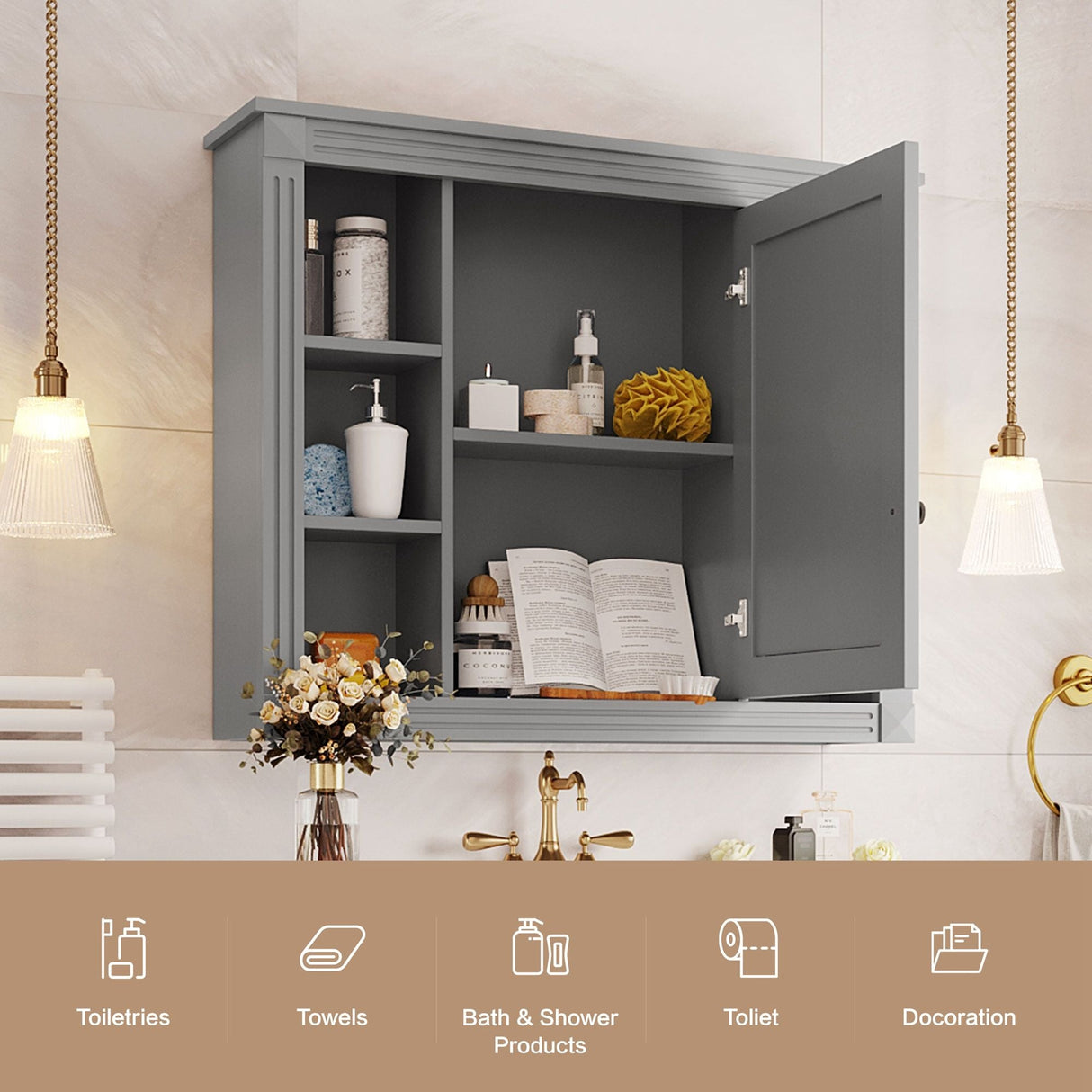 Wall Mounted Bathroom Storage Cabinet With Mirror, Cabinet With 6 Open Shelves And Adjustable Interior