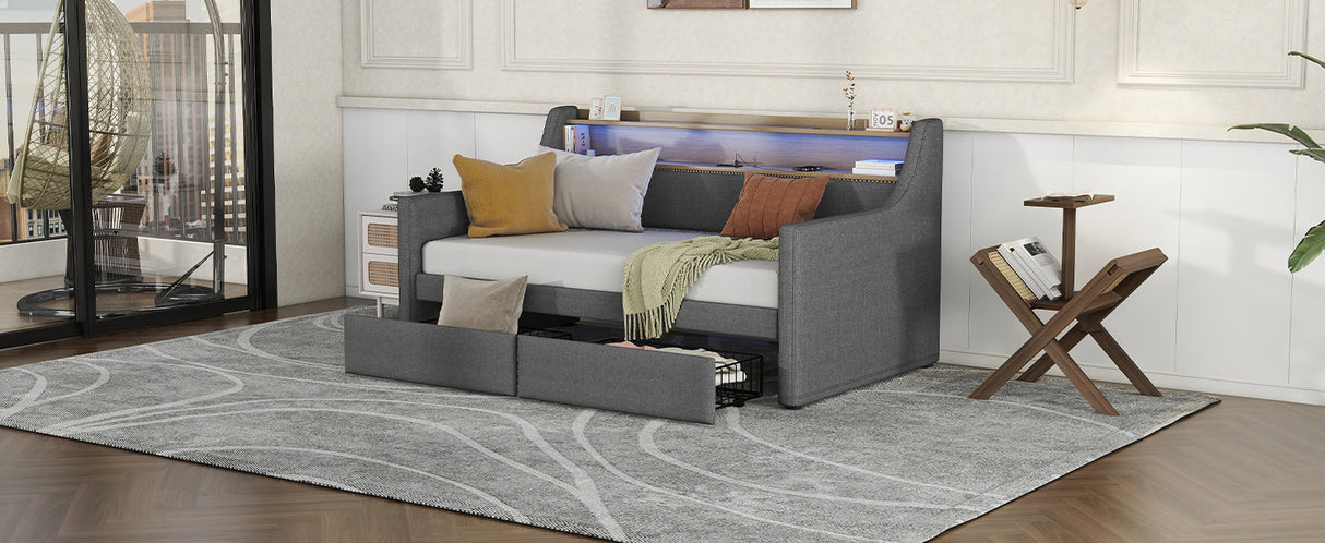 Twin Size Linen Upholstered Daybed with Storage Drawers and LED Lights