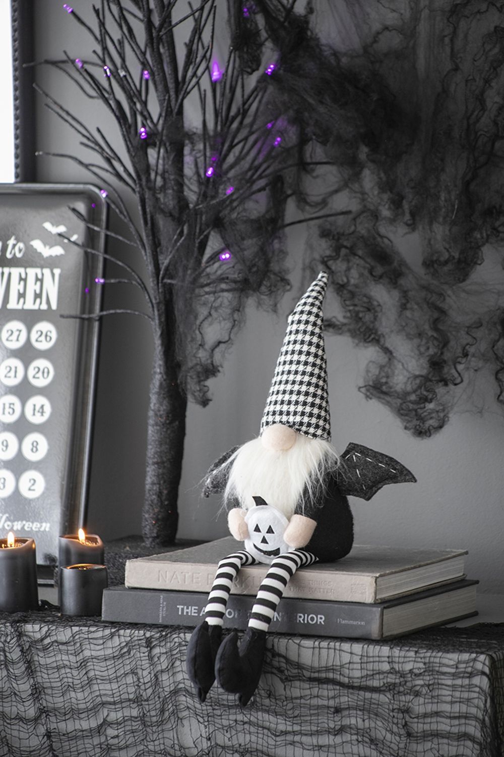 Sitting Gnome With Wings & Plaid Hat, For Halloween Decor