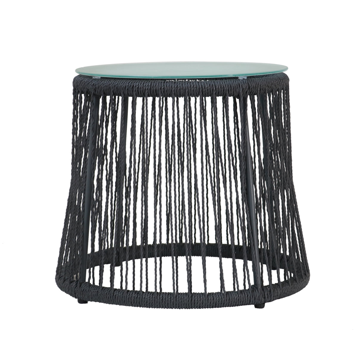 Boho Southport Side Table with Glass Top, Woven Rope and Iron Frame, Gray