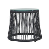 Boho Southport Side Table with Glass Top, Woven Rope and Iron Frame, Gray