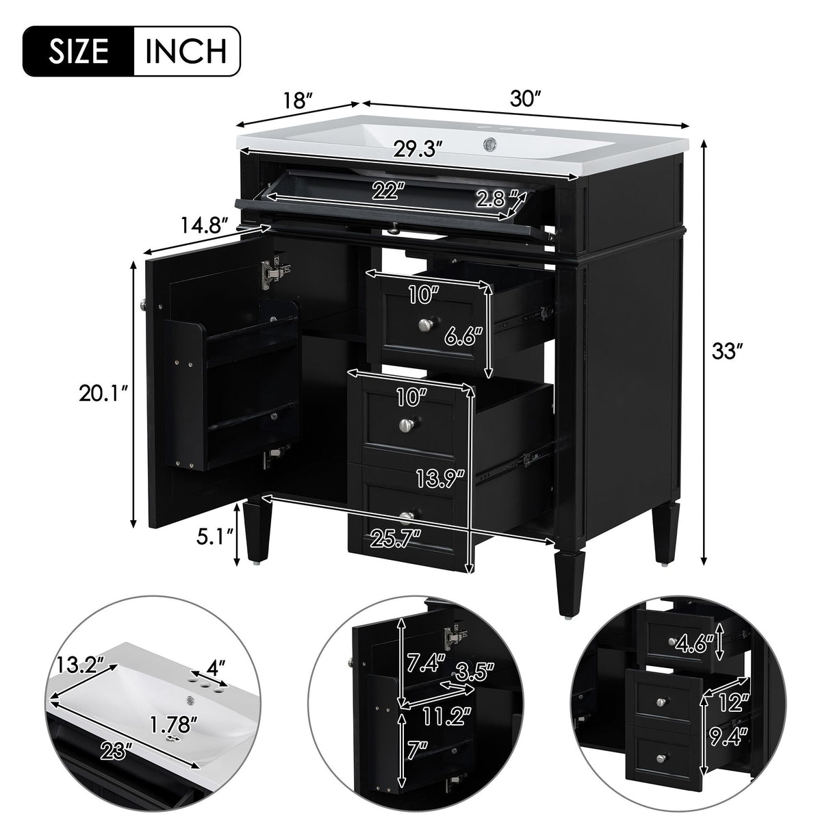 Bathroom Vanity With Top Sink, Storage Cabinet, 2 Drawers, Tip Out Drawer