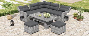 Outdoor Furniture Set Patio Rattan Furniture with Adjustable Table, Recliners, Side Tables, Ottomans