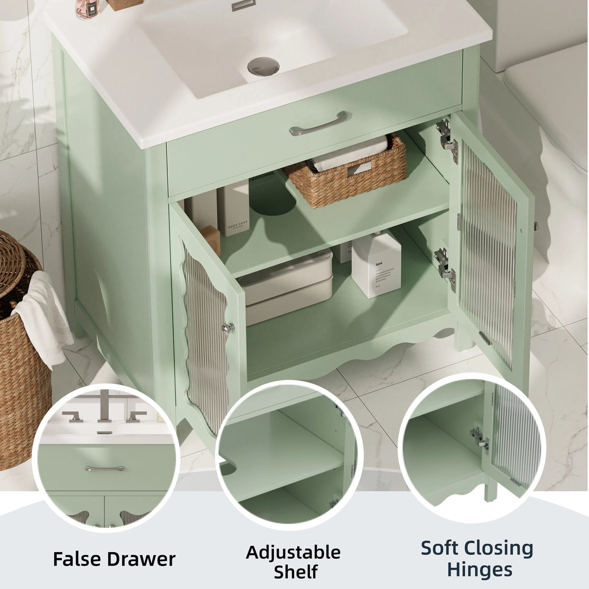 30 Inches Bathroom Vanity with Tempered Glass